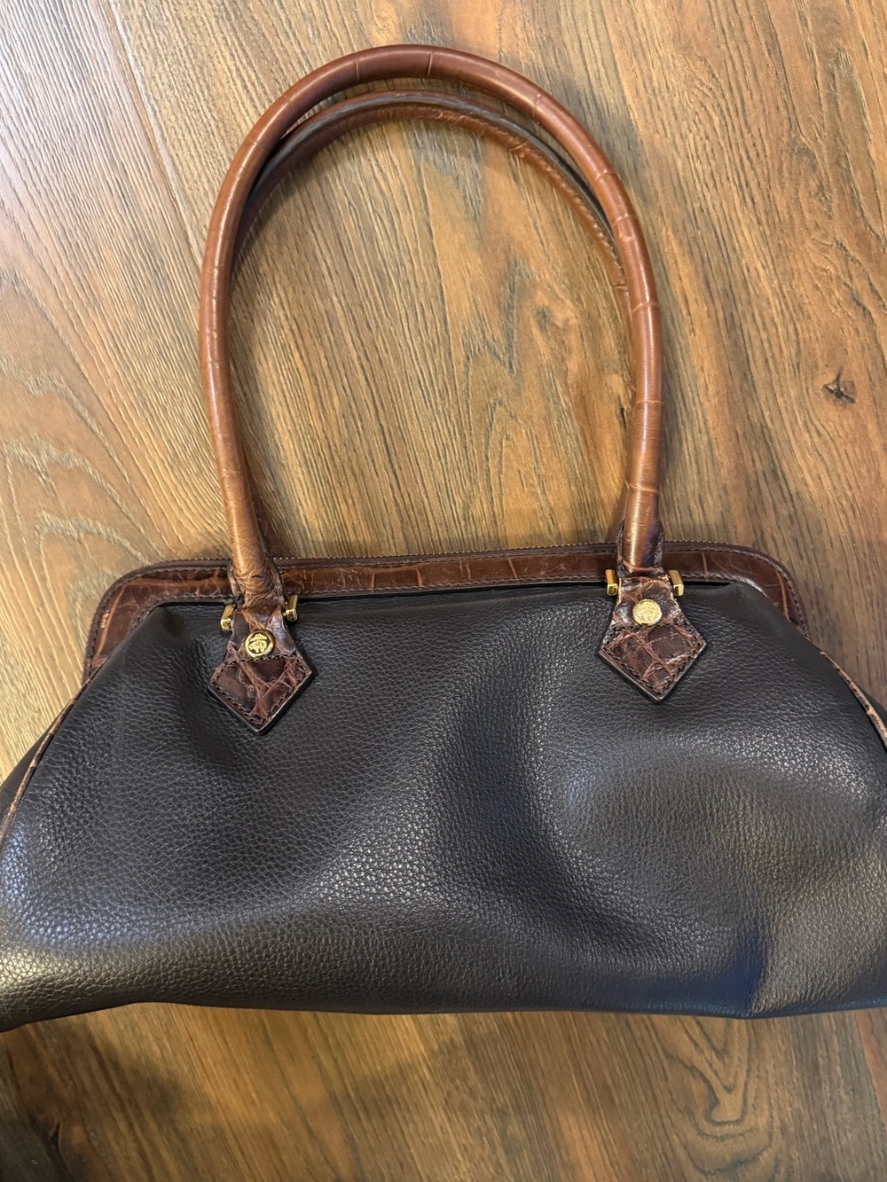 Brooks Brothers Vintage Dark Brown Pebbled Leather Shoulder Bag with Tan Handles